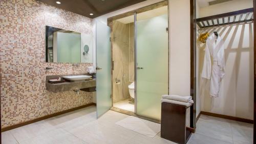 a bathroom with a shower, toilet and sink at E Hotel in Chennai