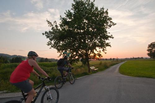 a couple of people riding bikes down a road at Farbinger Hof in Bernau am Chiemsee