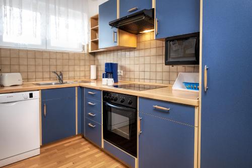 a kitchen with blue cabinets and a stove top oven at Regenbogen-Appartement in Bad Krozingen