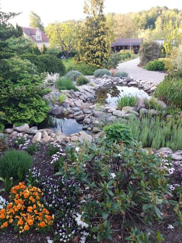 a garden with a creek and rocks and flowers at Penzion Pod Hradem in Potštejn