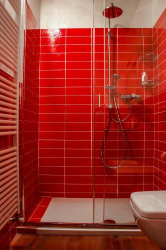 a red tiled bathroom with a shower and a toilet at Residenza Tre Corone in Vinadio