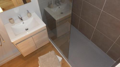 a bathroom with a sink and a toilet and a shower at Chez Blandine & Pol in Hardelot-Plage
