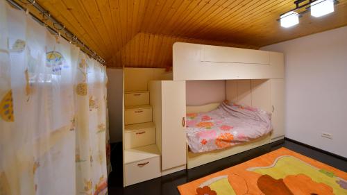 a childs bedroom with a bunk bed and a rug at Foisorul Din Poveste in Şerbăneşti