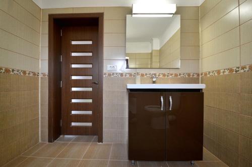 a bathroom with a sink and a mirror at Foisorul Din Poveste in Şerbăneşti