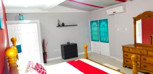 a bedroom with a bed and a dresser and a mirror at Casa Tamar Guest Apartment in Kingston