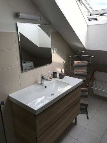 a bathroom with a sink and a mirror at Apartmán na náměstí in Kašperské Hory