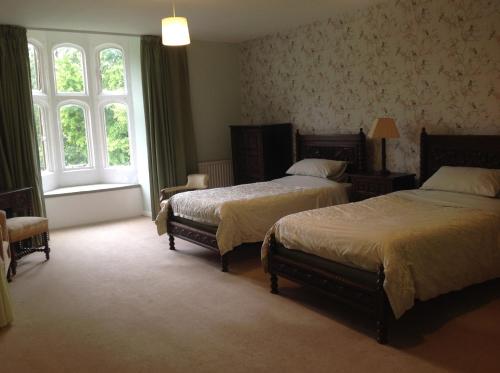 a bedroom with two beds and a window at Greenham Hall in Wellington