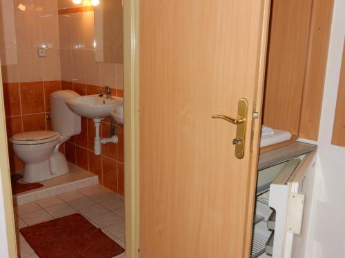a bathroom with a toilet and a sink at Penzión Bajo in Dolný Kubín