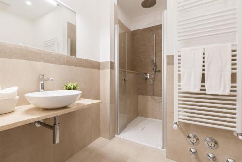 La salle de bains est pourvue d'un lavabo et d'une douche. dans l'établissement Apartment Hanni, à Merano
