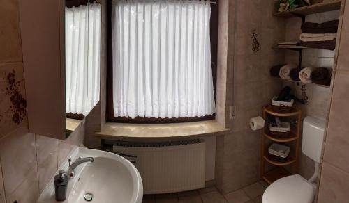 a bathroom with a sink and a window at Ferienwohnung Raupe in Fritzlar