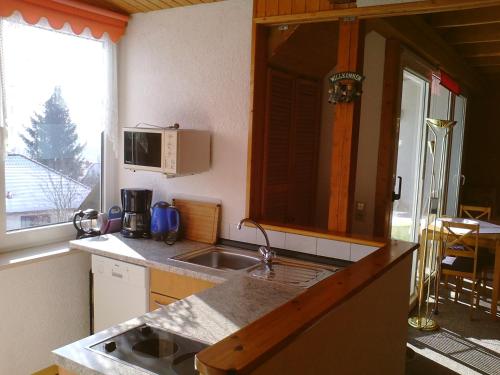 a kitchen with a sink and a microwave at Schau ins Land in Elbingerode