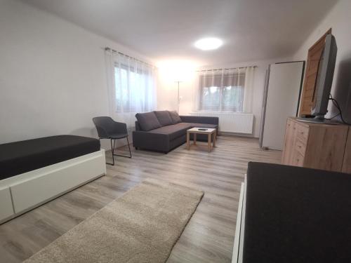 a living room with a couch and a table at Szent Erzsébet Apartmanház in Kecskemét