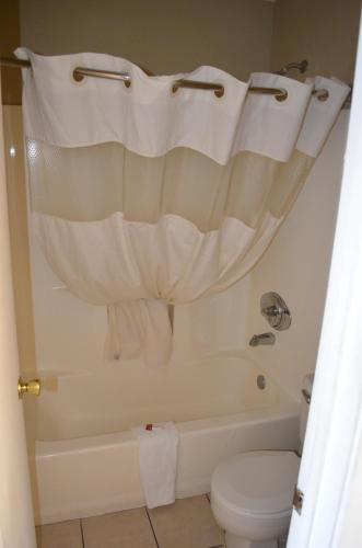 a bathroom with a tub and a toilet and a shower curtain at Hill Country Inn and Suite in Copperas Cove