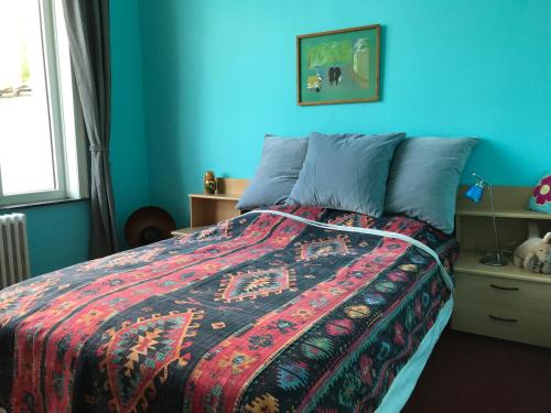 ブリュッセルにあるCentre Bruxelles Quartier Europeenの青いベッドルーム(カラフルな毛布付きのベッド付)