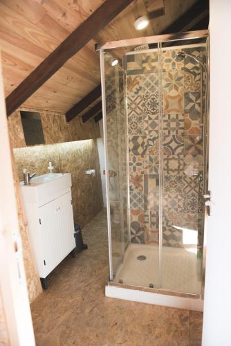 a bathroom with a shower and a sink in a room at Casa Velha in Alenquer