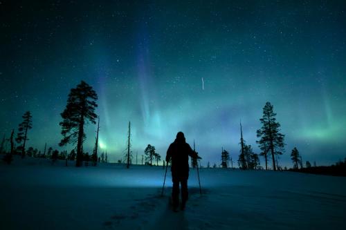 a person on skis standing under the northern lights at Lapland Hotels Sky Ounasvaara in Rovaniemi