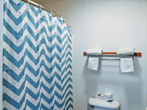 La salle de bains est pourvue d'un rideau de douche à chevrons bleu et blanc. dans l'établissement Executive Inn, à Thomson