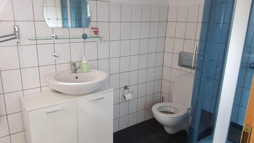 ein Bad mit einem Waschbecken und einem WC in der Unterkunft Dom Majówka in Stężyca