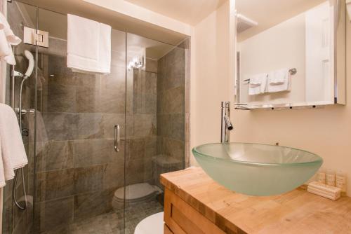 a bathroom with a glass bowl sink and a shower at Copley House in Boston