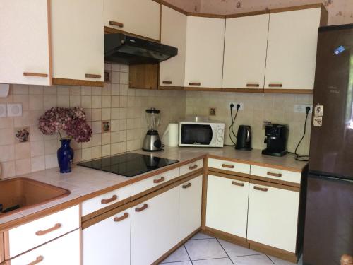 a kitchen with white cabinets and a microwave at Petite maison proche de Montbéliard in Sainte-Suzanne
