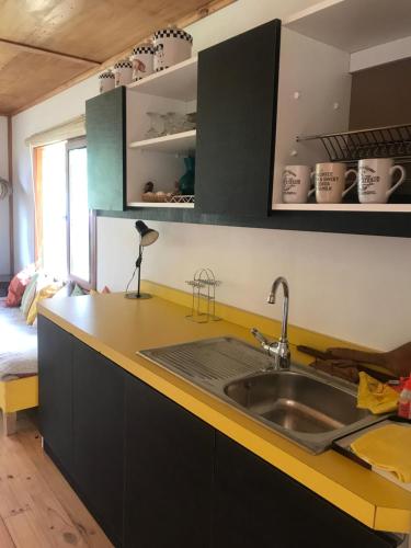 a kitchen with a sink and a counter top at Cabaña Lago Largo in Coihaique
