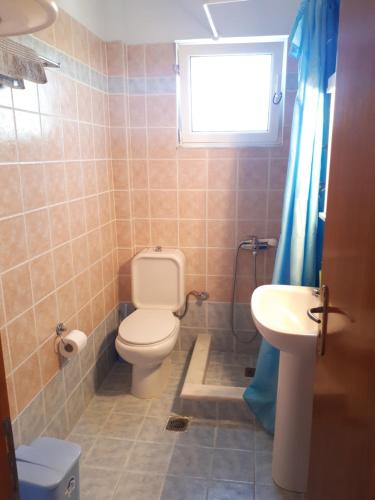 a bathroom with a toilet and a sink and a window at Mina Apartments in Zacharo