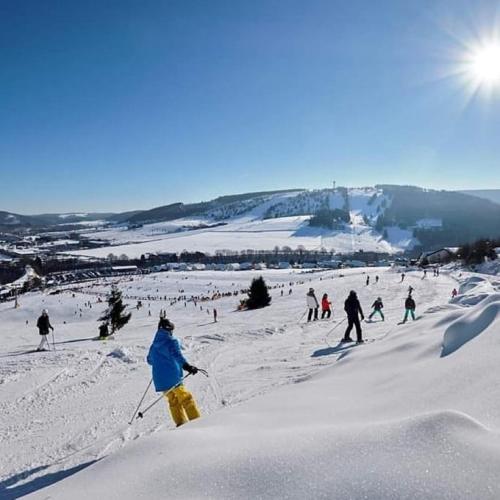 a group of people skiing down a snow covered slope at fun4all-holidayhome in Medebach