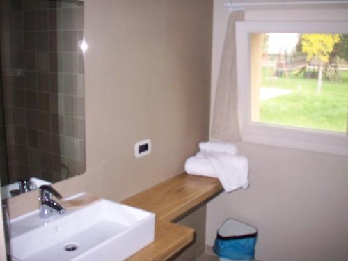 a bathroom with a sink and a mirror and a window at Agriturismo Battibue in Fiorenzuola dʼArda