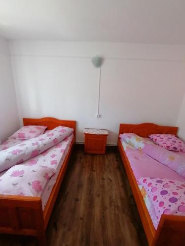 two beds in a room with wooden floors at Pensiunea Poarta Lui Ionele in Gîrda de Sus