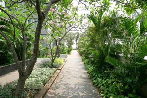 a walkway through a garden with trees and plants at Nice 1BR Apartment at Thamrin Residence By Travelio in Jakarta