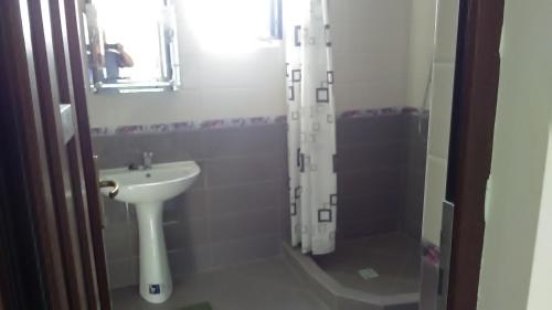 a white bathroom with a sink and a shower at Pensiunea Adeluta in Călimăneşti