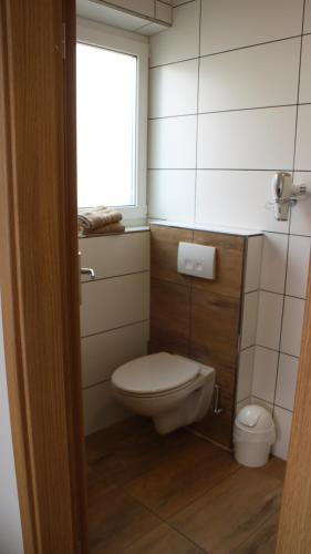 a small bathroom with a toilet and a window at Hotel Glas Schwarzwald in Fluorn