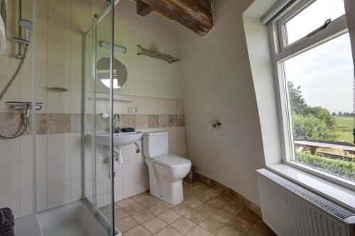 a bathroom with a shower and a toilet and a sink at Het Torentje van Trips in Tripscompagnie