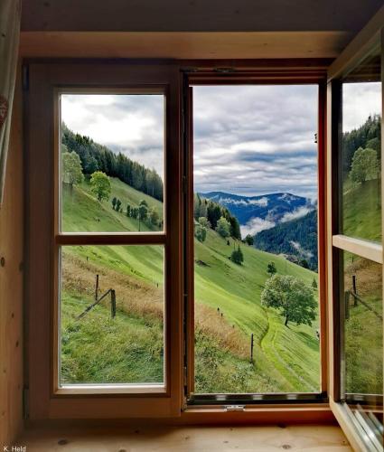 a window with a view of a green field at Marhütte in Ebene Reichenau