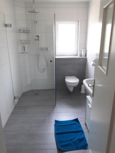 a bathroom with a shower and a toilet and a blue mat at Ferienwohnung Lerchennest in Georgensgmünd