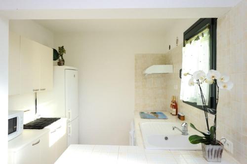 une cuisine blanche avec un évier et une fenêtre dans l'établissement Terracorse, à Figari