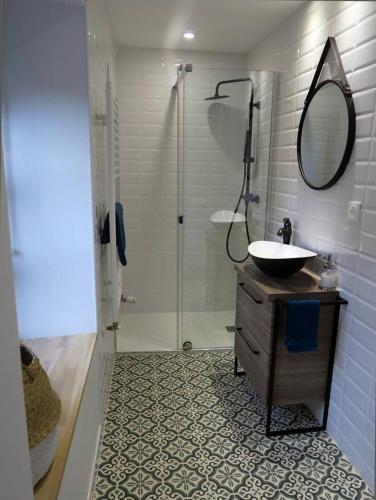 une salle de bain avec un lavabo et une douche avec un miroir dans l'établissement L'atelier d'artiste charmant T2 centre historique, à Dinan