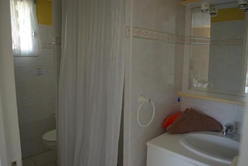 a bathroom with a shower curtain and a sink at Studio le romantique à 20 kms de Nice in Bendéjun