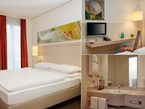 two pictures of a hotel room with a bed and a sink at H+ Hotel München in Munich