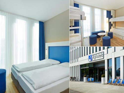 two pictures of a bedroom with a bed and a hotel at H2 Hotel München Messe in Munich