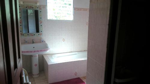 a pink bathroom with a sink and a mirror at Villa Welcome in Trois-Rivières
