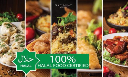 a collage of four different pictures of food at Shanti Maurice Resort & Spa in Bel Ombre