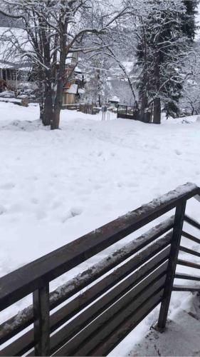 a bench covered in snow in a park at Best Villa in BAKURIANI Center in Bakuriani