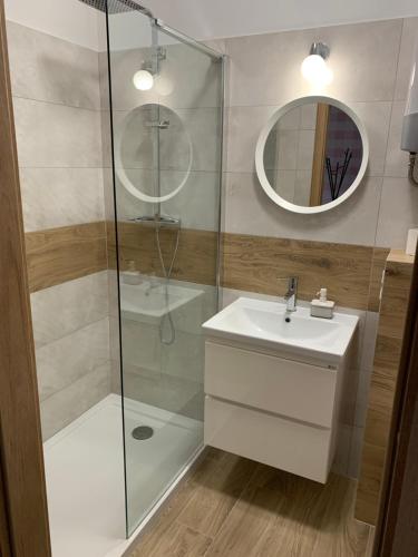 a bathroom with a shower and a sink and a mirror at Apartamenty Dobranocka in Krotoszyn