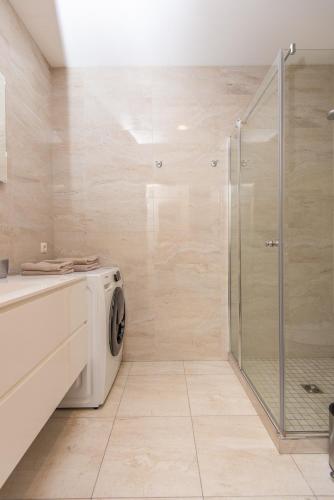 a bathroom with a washing machine and a shower at Luxury harmony in Vanagupe in Palanga