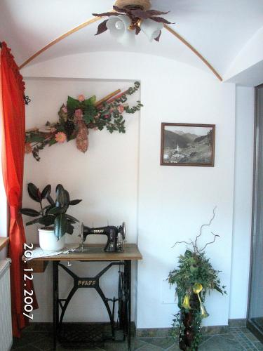 a room with a table and a ceiling fan at Haus Sonnleiten in Gerlos