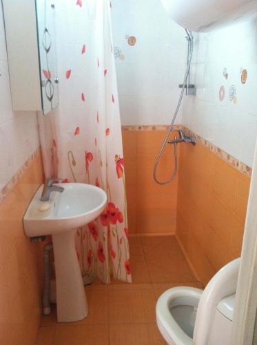 bagno con lavandino, doccia e servizi igienici di House with flowers a Zatoka