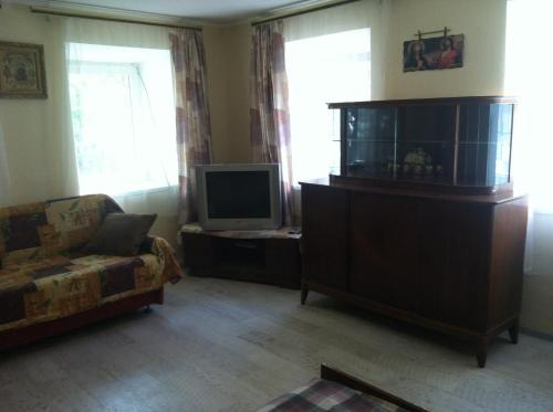 uma sala de estar com uma televisão e um sofá em House with flowers em Zatoka