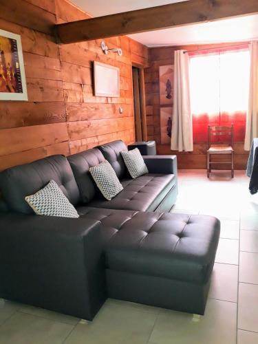 a leather couch in a living room with wooden walls at Gite de Haute Saintonge à Crazannes in Crazannes