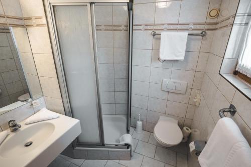 a bathroom with a shower and a toilet and a sink at Hotel Metzgerwirt in Kirchberg in Tirol